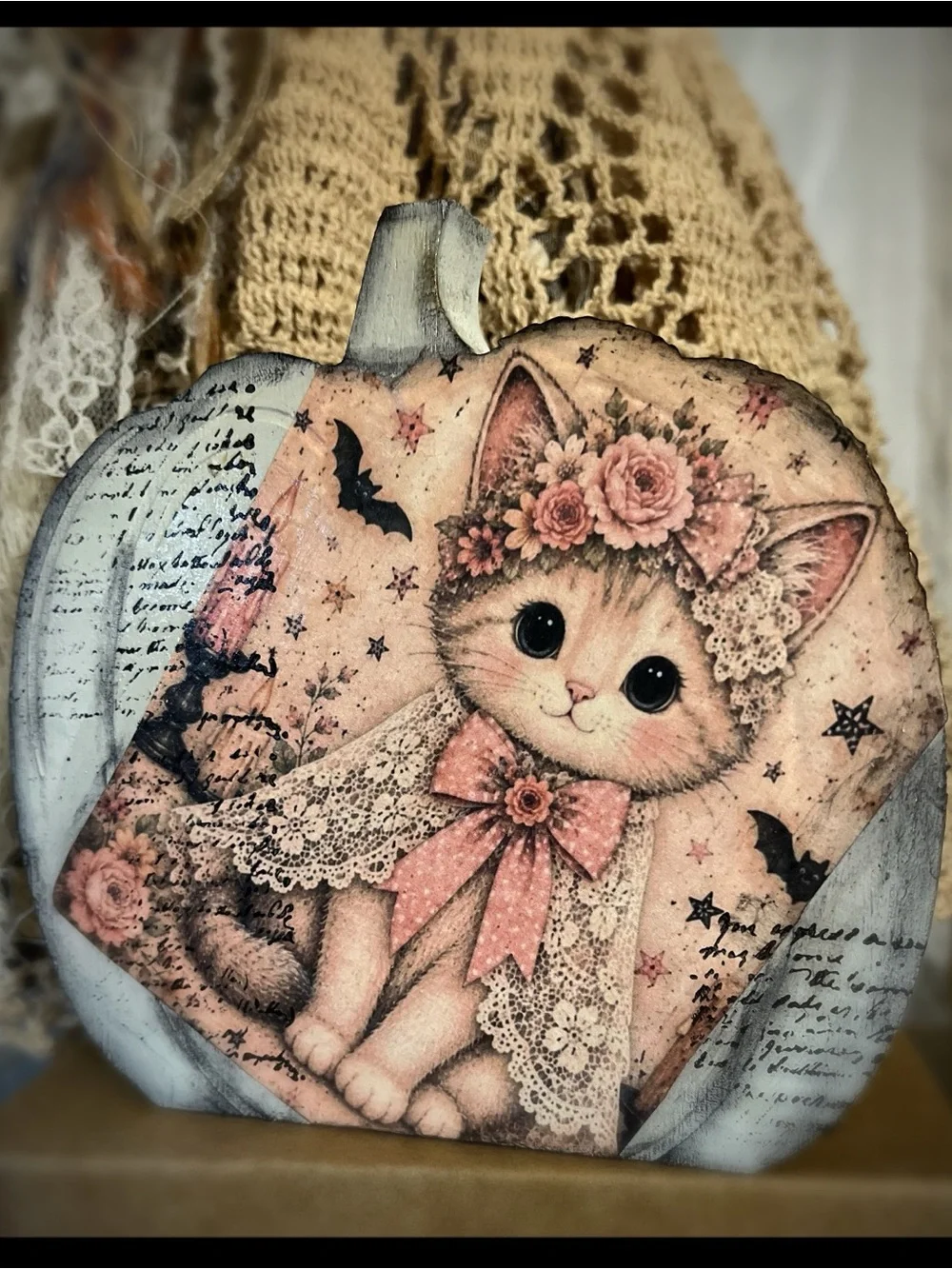 Rustic Pink Floral Cat Pumpkin shelf sitter handmade